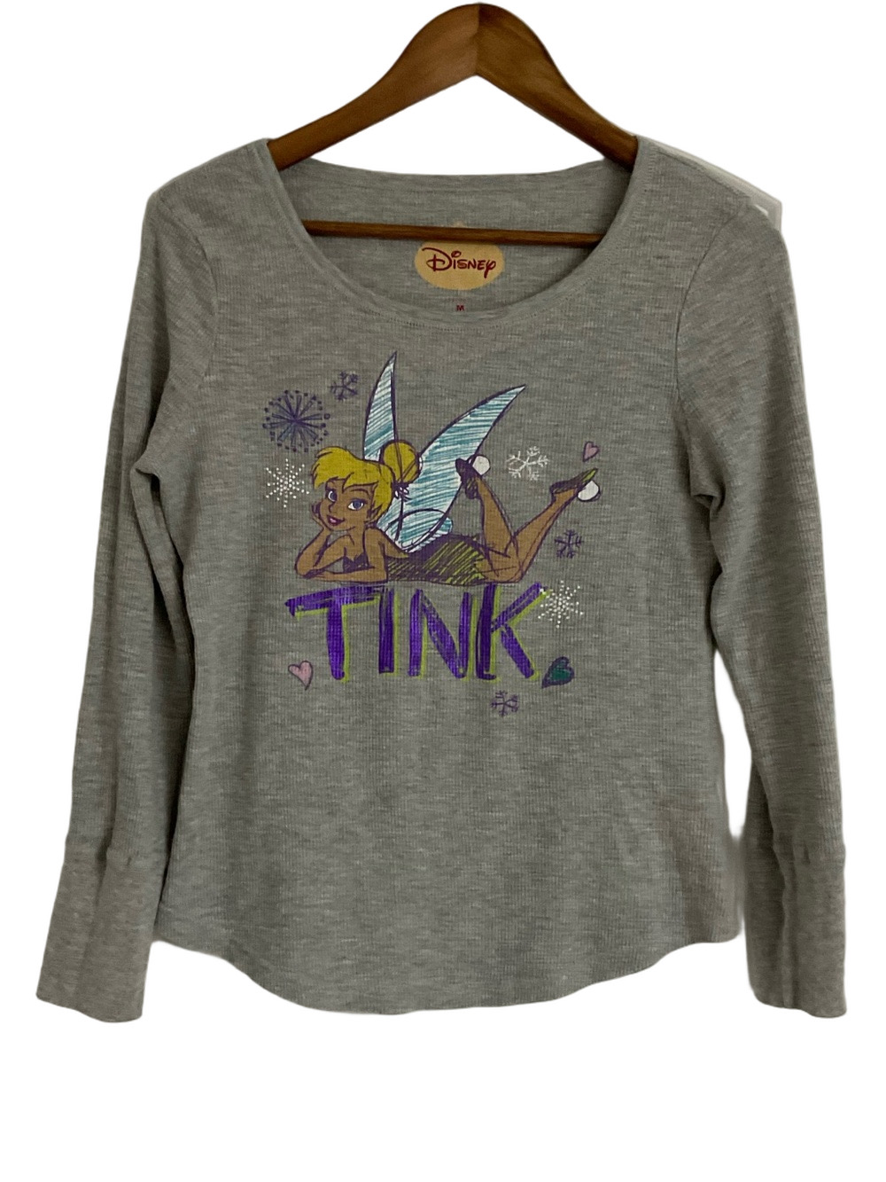 Women’s Disney Tink Heather Gray Long Sleeve Waffle-Knit Shirt Size Medium